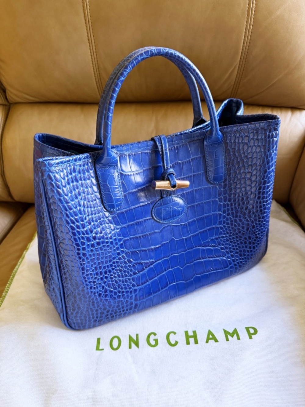 Longchamp Crocodile Embossed Tote Dark Blue Top Handle